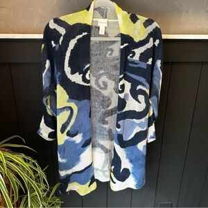 Chico's Julia Women's Blue and Yellow Open Abstract Front Long‎ Cardigan size 2